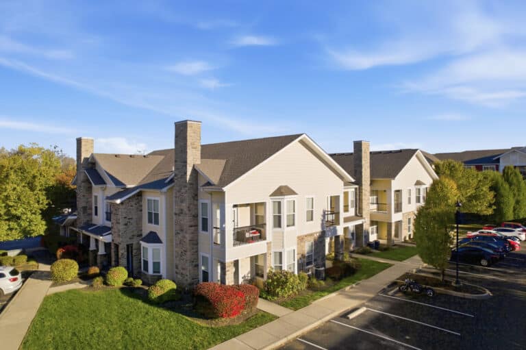 Scenic view of large Louisville apartments during sunset
